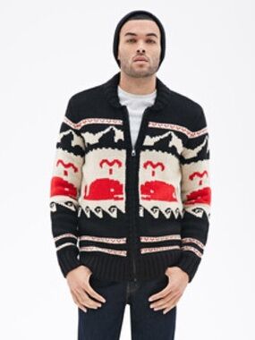 21 Men Black Whale Wool Blend Cardigan Zip Up Sweater Nautical Men’s Small